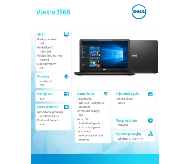 Dell Laptop DELL VOSTRO 3568 i3-6006U/256GB/8GB/DVDRW/Intel HD/15 - 1387964 - zdjęcie 3